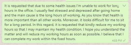 Request message to boss to reduce hours at work