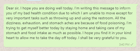 Food Poisoning Sick Leave Message