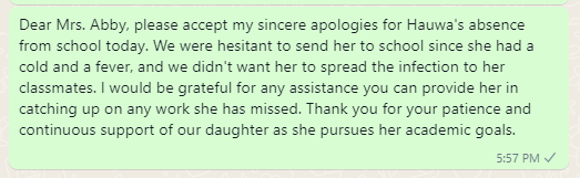 My Daughter is not Feeling Well Leave SMS