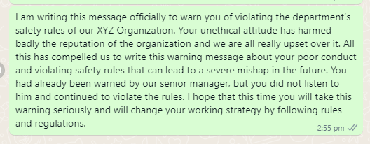 Warning Message to Employee for Safety Violation
